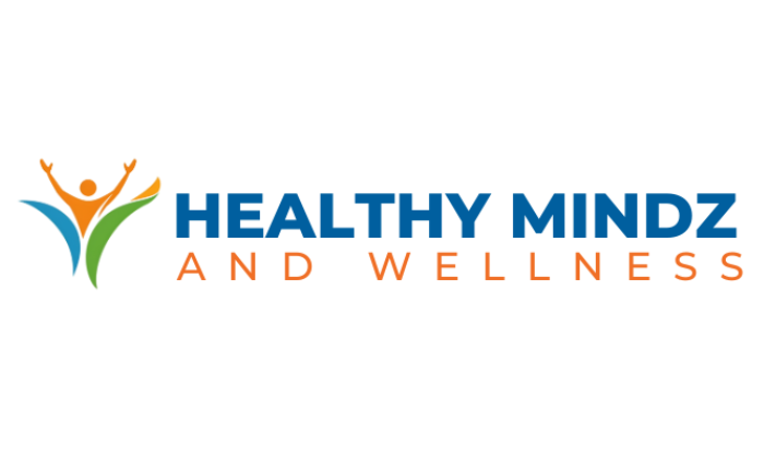 Healthy Mindz and Wellness logo with blue and orange text and a stylized person icon