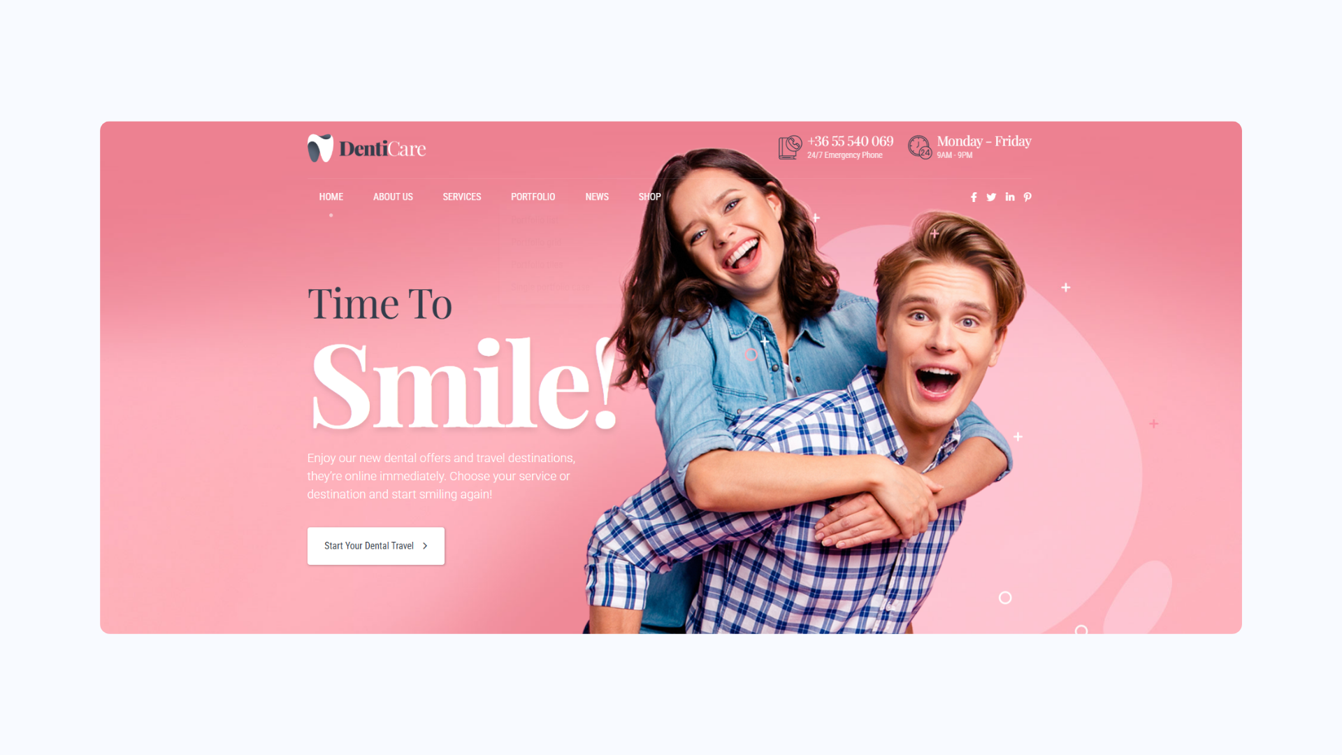 Pink dental banner with a smiling child on an adult's back and the text “Time To Smile!”