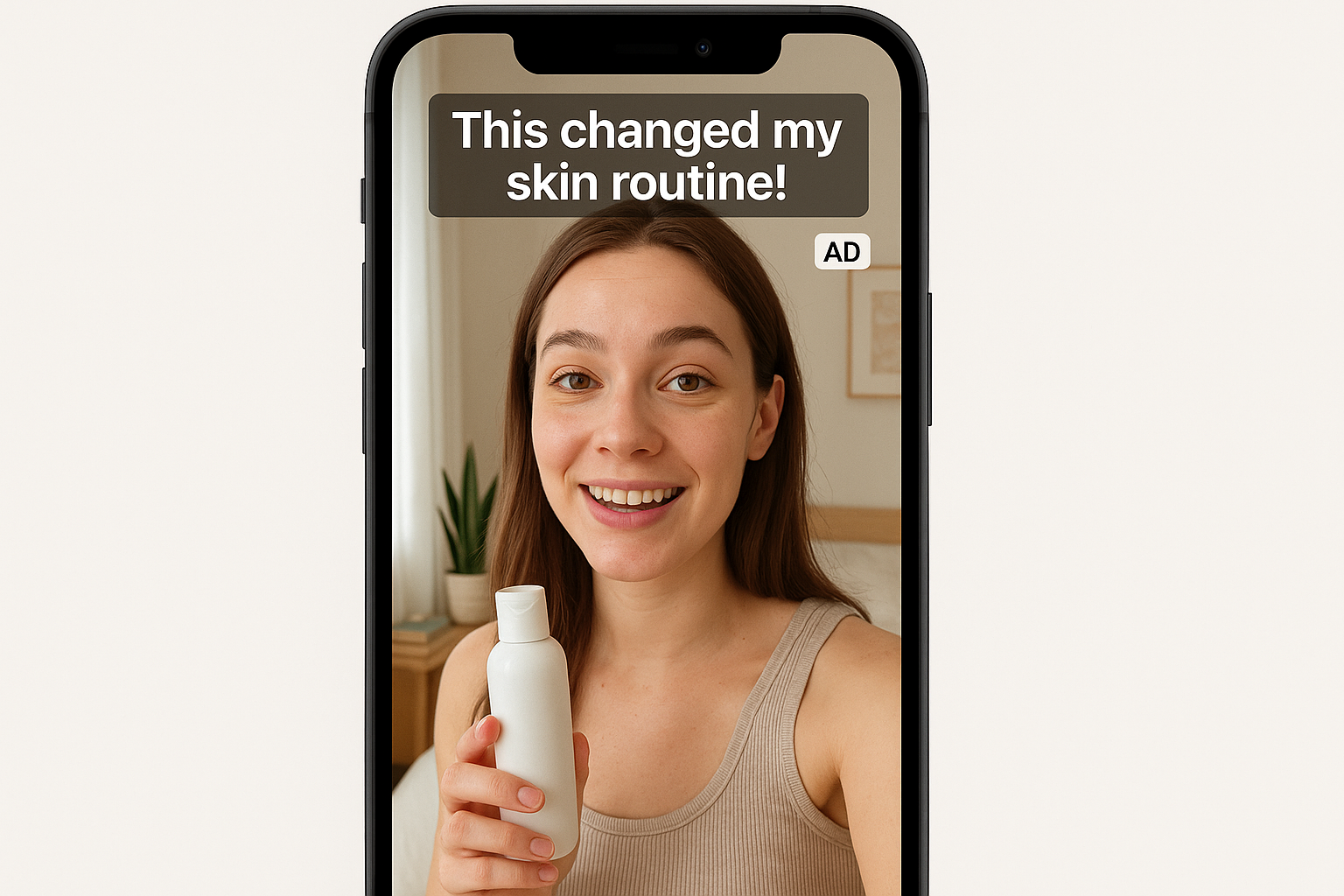 Woman holding a white skincare bottle beside text reading “This changed my skin routine!”