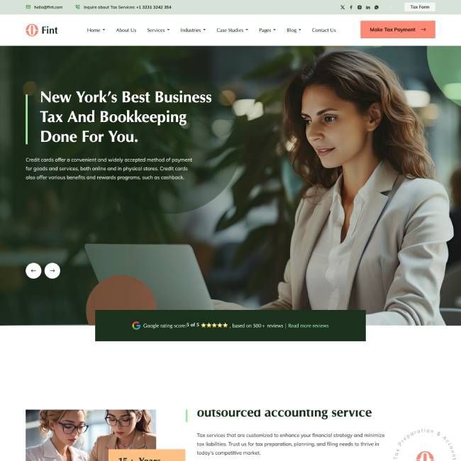 Homepage hero for New York tax and bookkeeping services, with a woman working on a laptop in a modern office