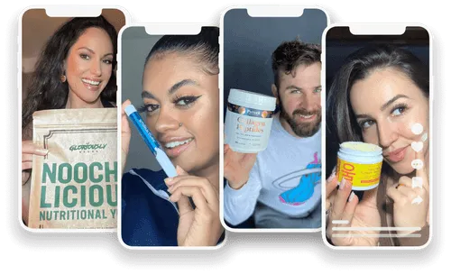 Four people posing with colorful supplement tubs and a “Nootropic” product label