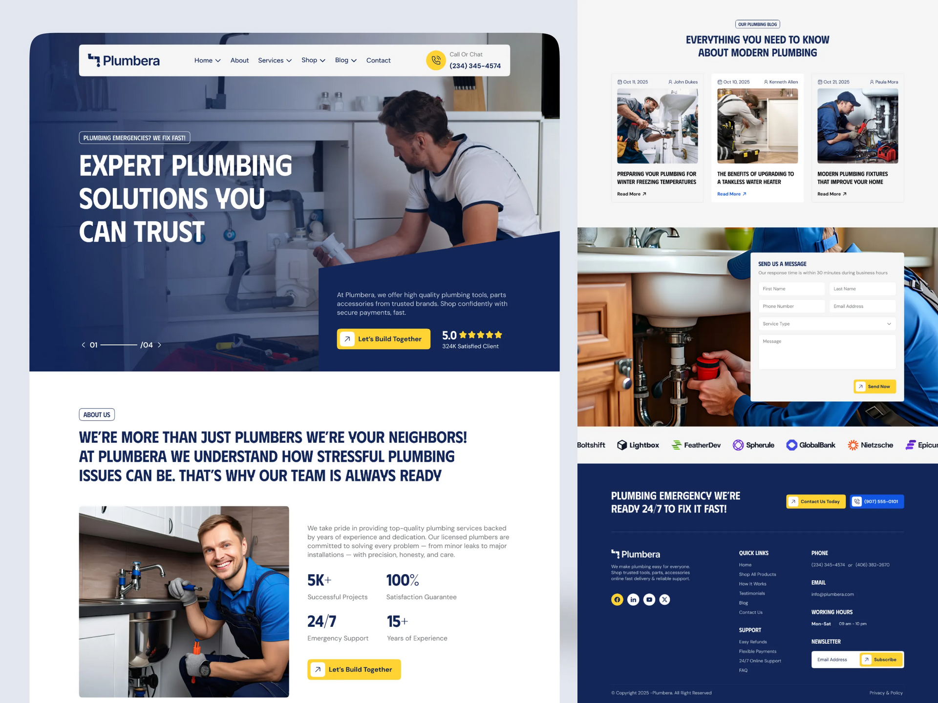 Website homepage mockup for an expert plumbing company, with blue and yellow branding and service call-to-action buttons