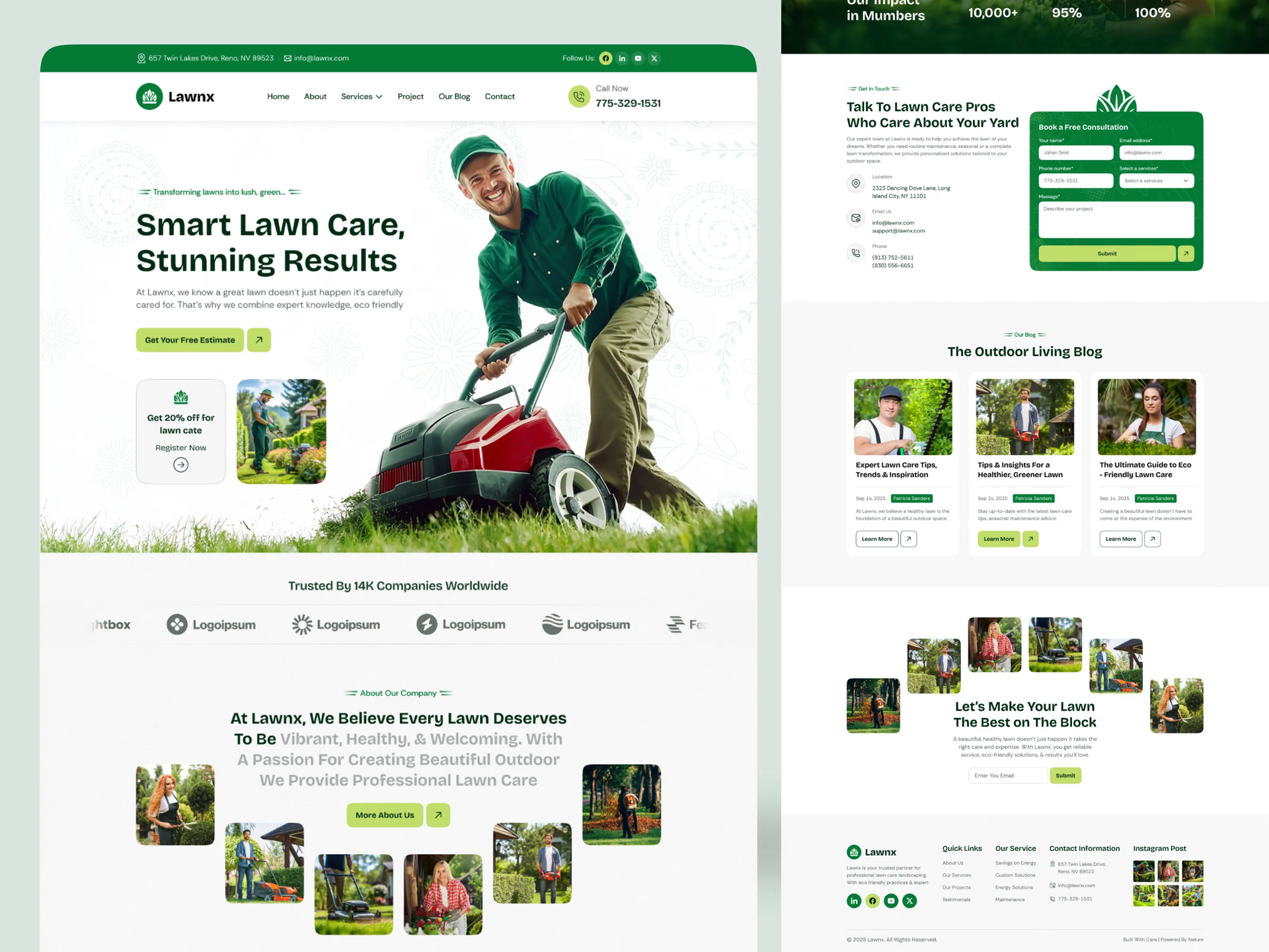 Lawn care website homepage with green branding, mower hero image, service cards, and booking form