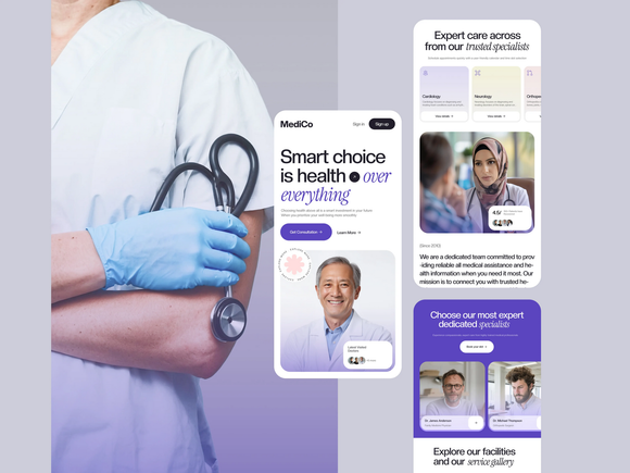 Healthcare ad mockup with doctor in scrubs and blue gloves, plus smartphone app screens and purple branding
