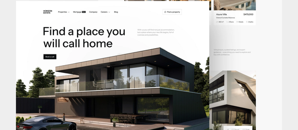 Real estate website homepage with modern house photo and headline “Find a place you will call home”
