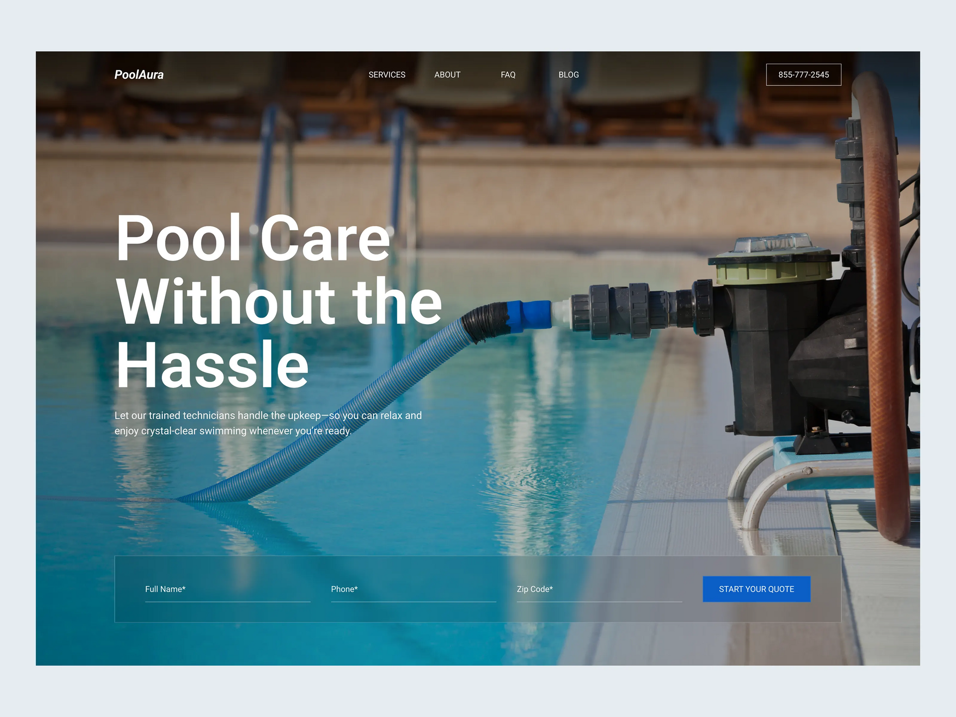 Pool care product website hero with pool hose and headline “Pool Care Without the Hassle”
