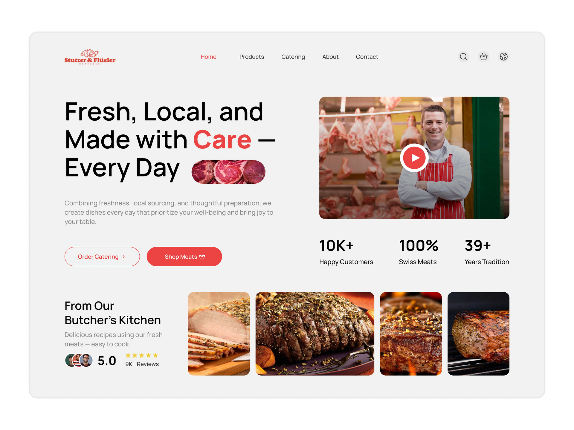 Modern food delivery website homepage with fresh meals, chef photo, and red call-to-action buttons