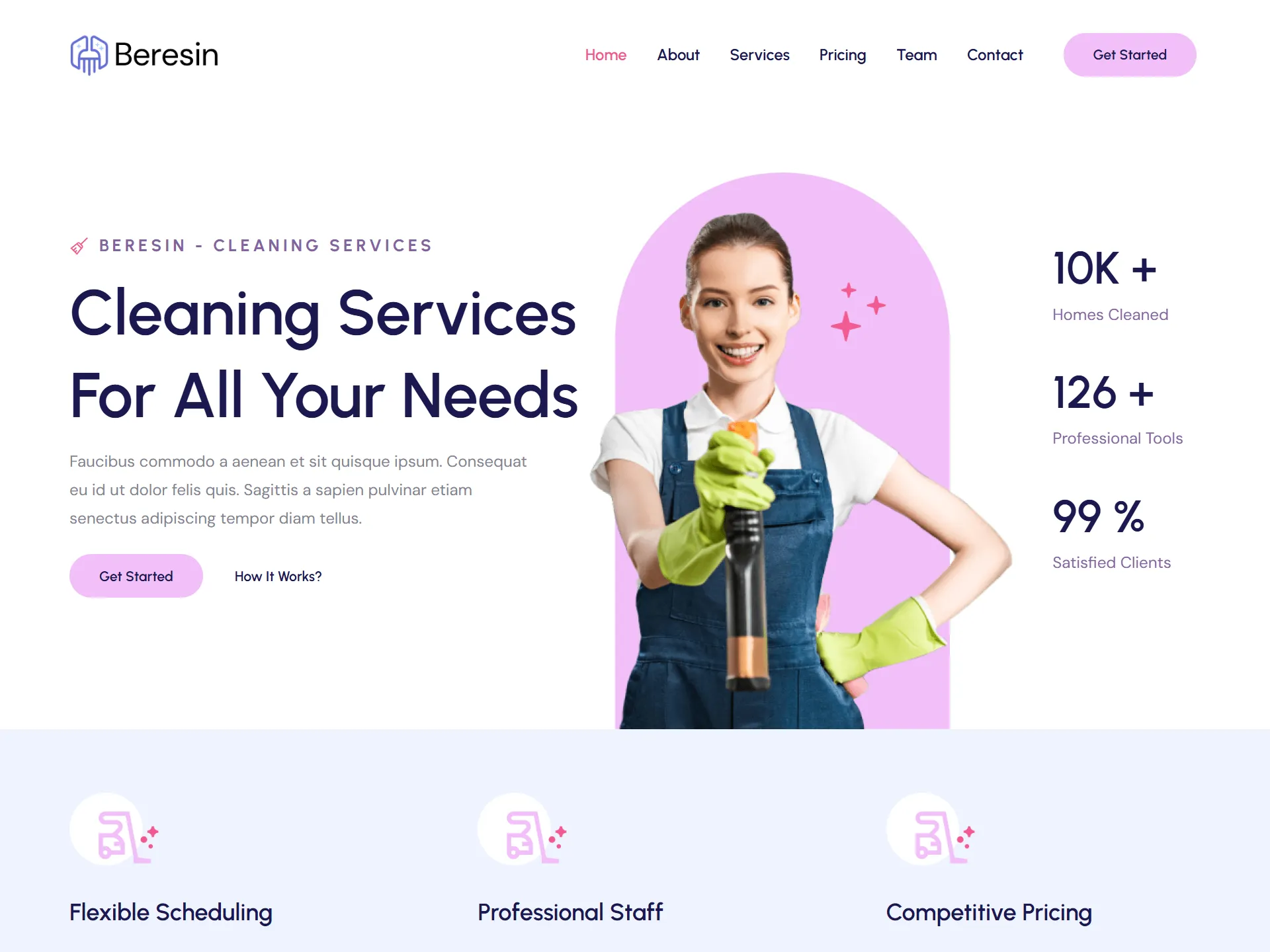 Cleaning services website homepage with smiling cleaner in navy uniform and yellow gloves holding spray bottle