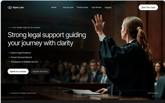 Legal website hero banner with lawyer speaking in court and headline 