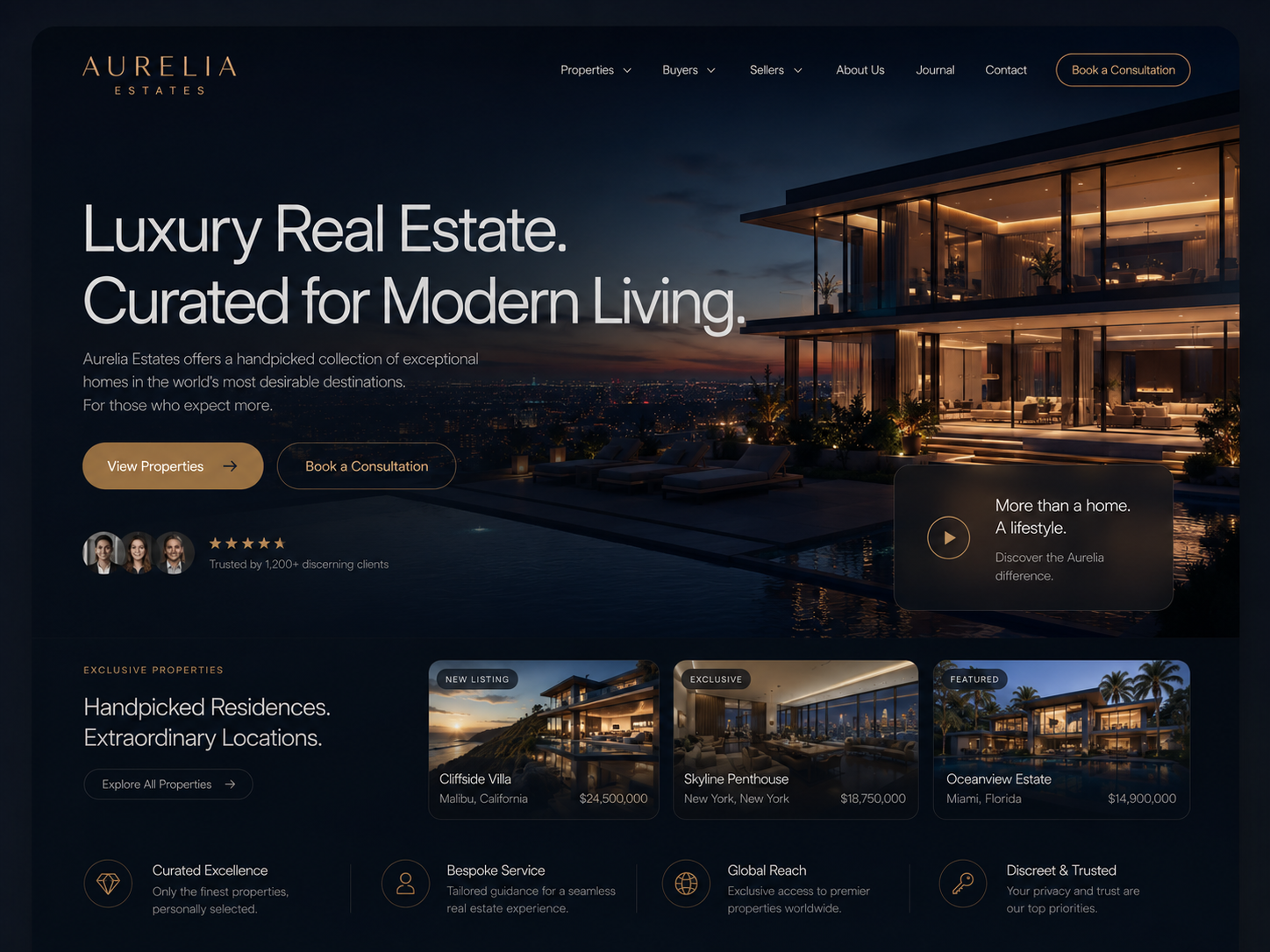 Luxury real estate website homepage with a modern mansion at dusk and the headline “Curated for Modern Living”