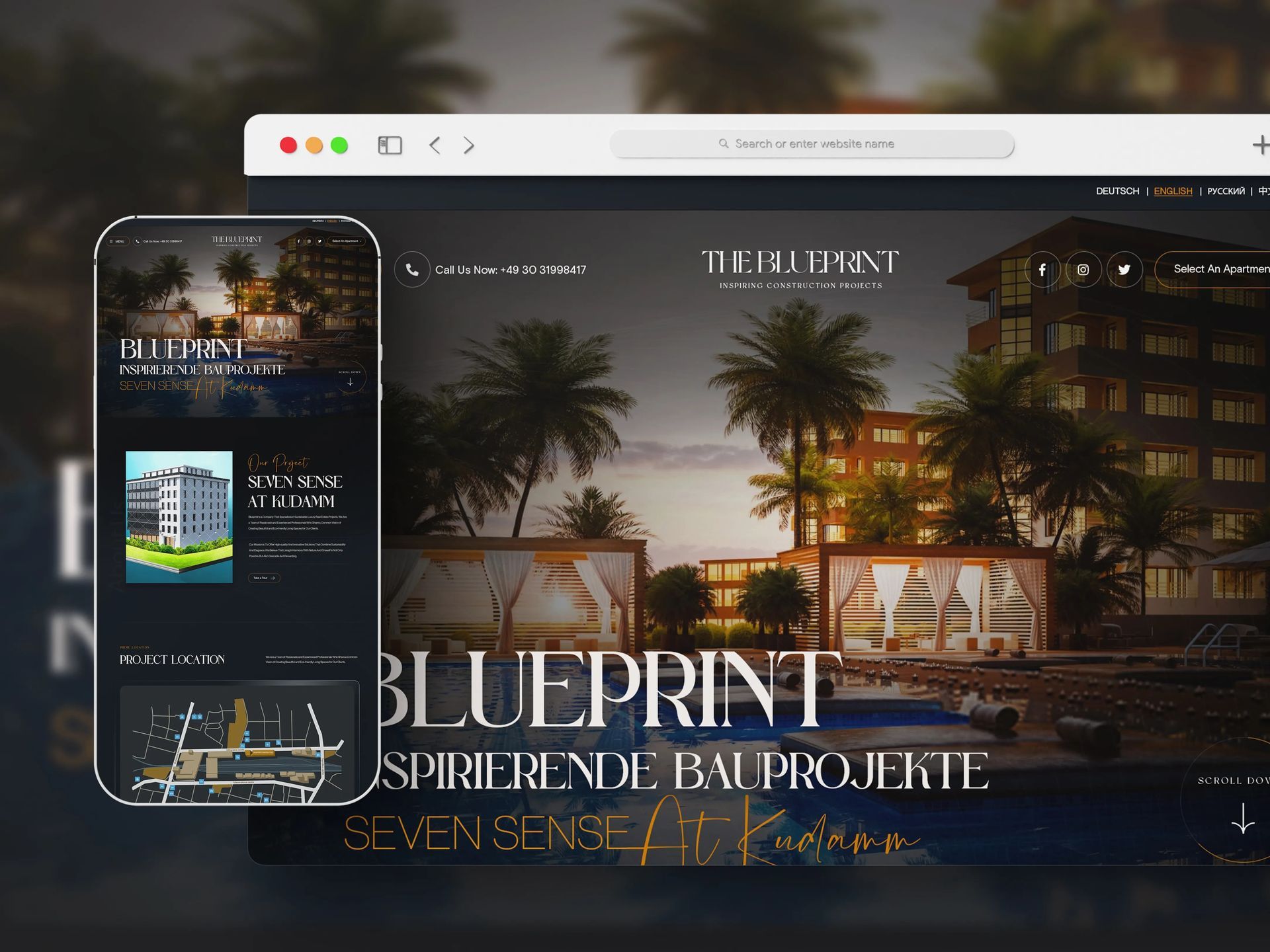 Luxury real estate website mockup with a sunset apartment building and palm trees, shown on desktop and mobile screens