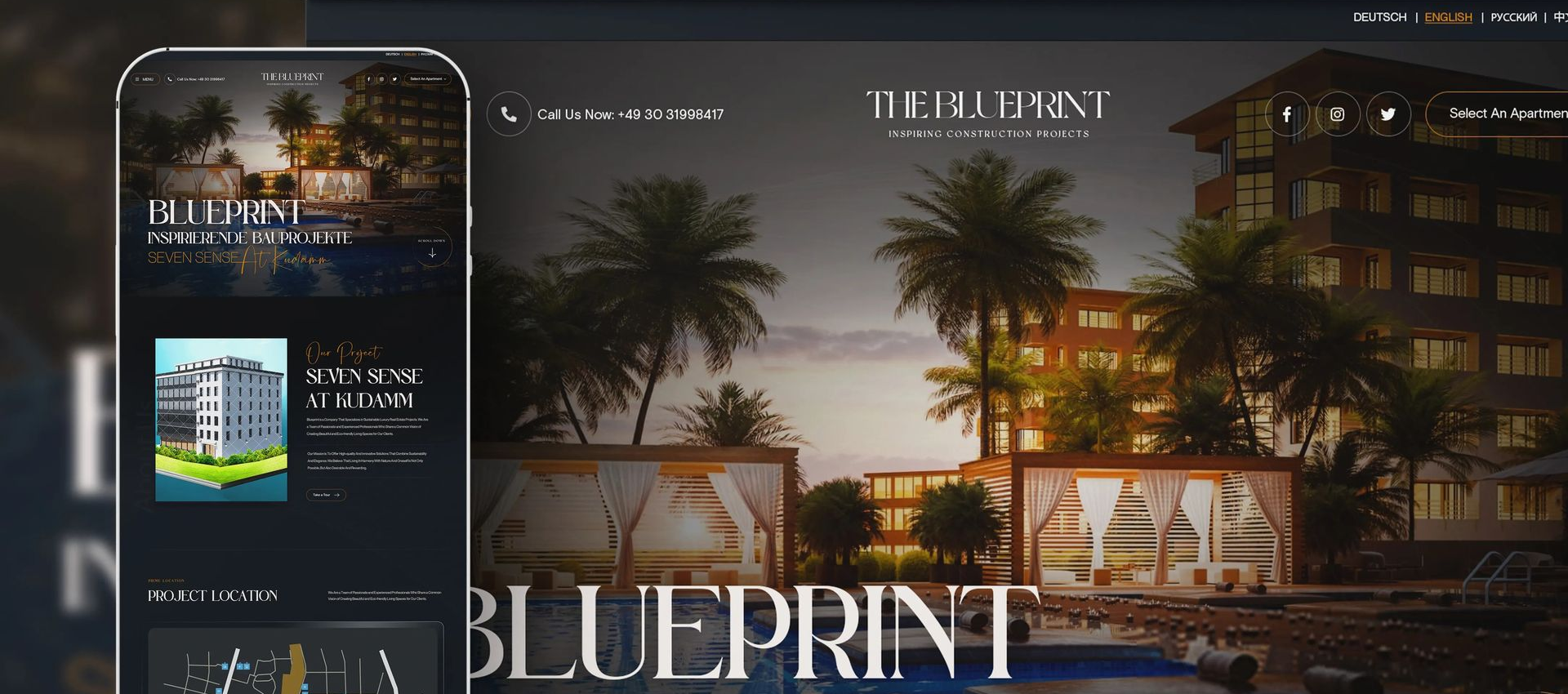 Luxury apartment blueprint marketing mockup with sunset building render and smartphone app preview