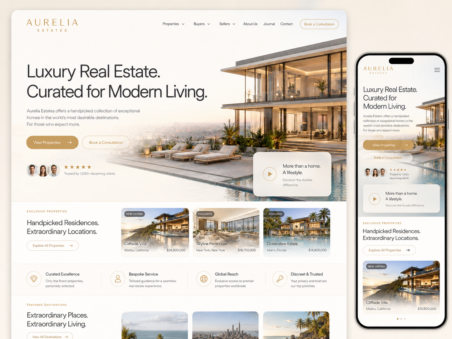 Luxury real estate website mockup with modern home hero image and mobile app preview