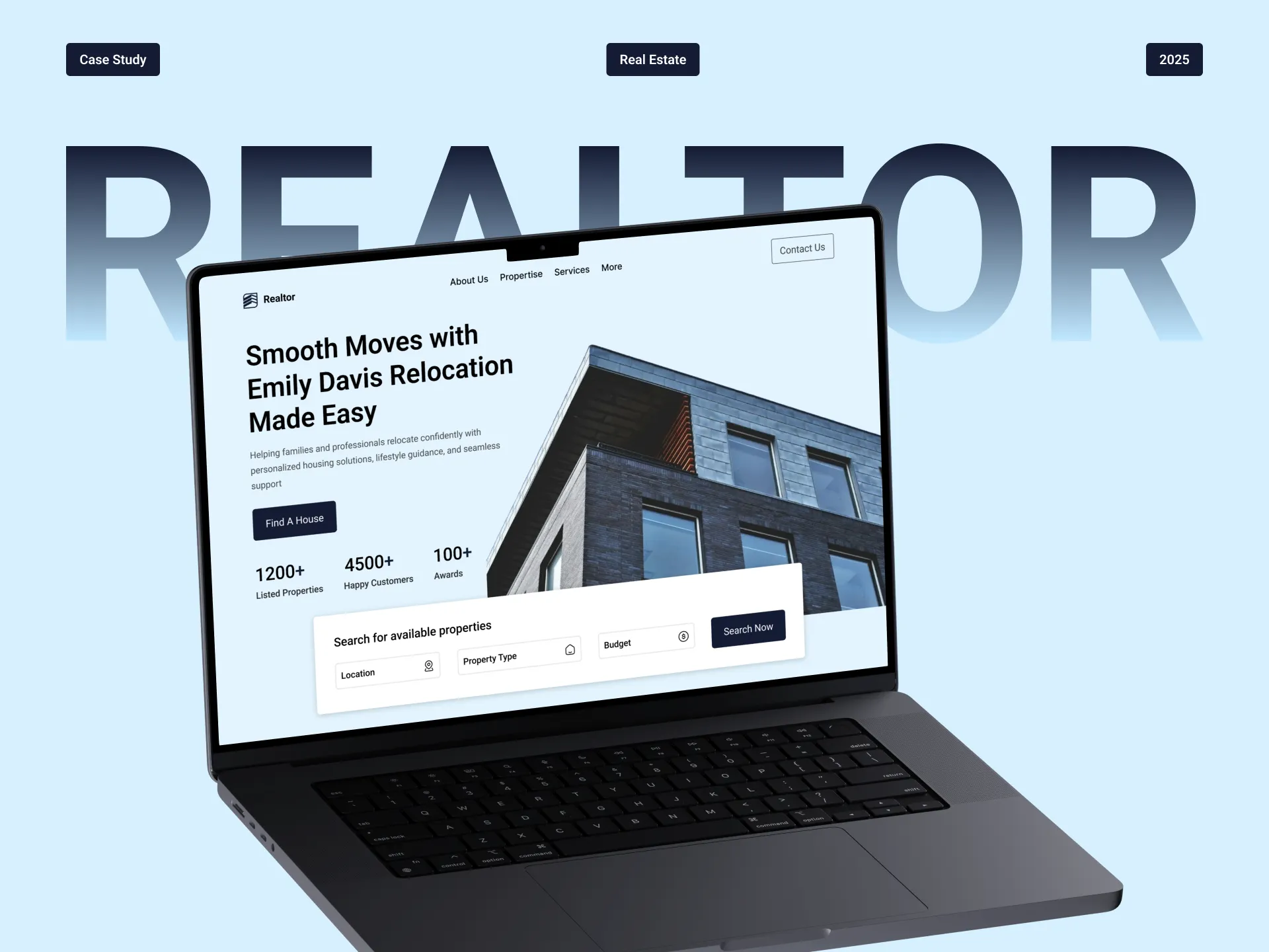 Laptop displaying a real estate website with a modern home on a light blue background