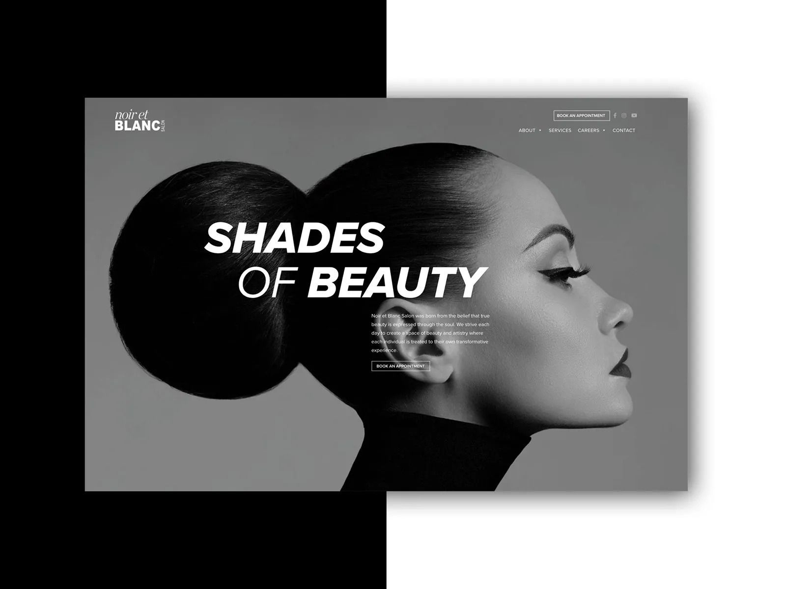 Black-and-white beauty ad with a woman in profile and bold text “SHADES OF BEAUTY”