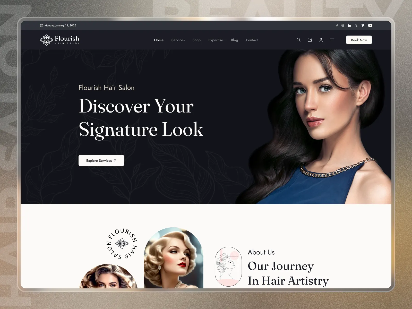 Dark fashion website homepage with headline “Discover Your Signature Look” and a model portrait on the right