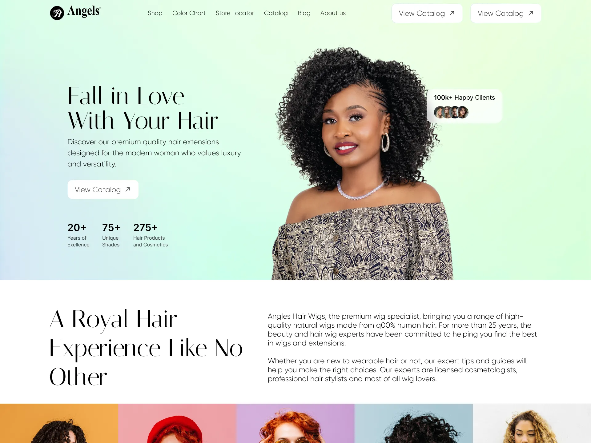 Haircare website homepage with a smiling model, mint green hero banner, and “Fall in Love With Your Hair” headline
