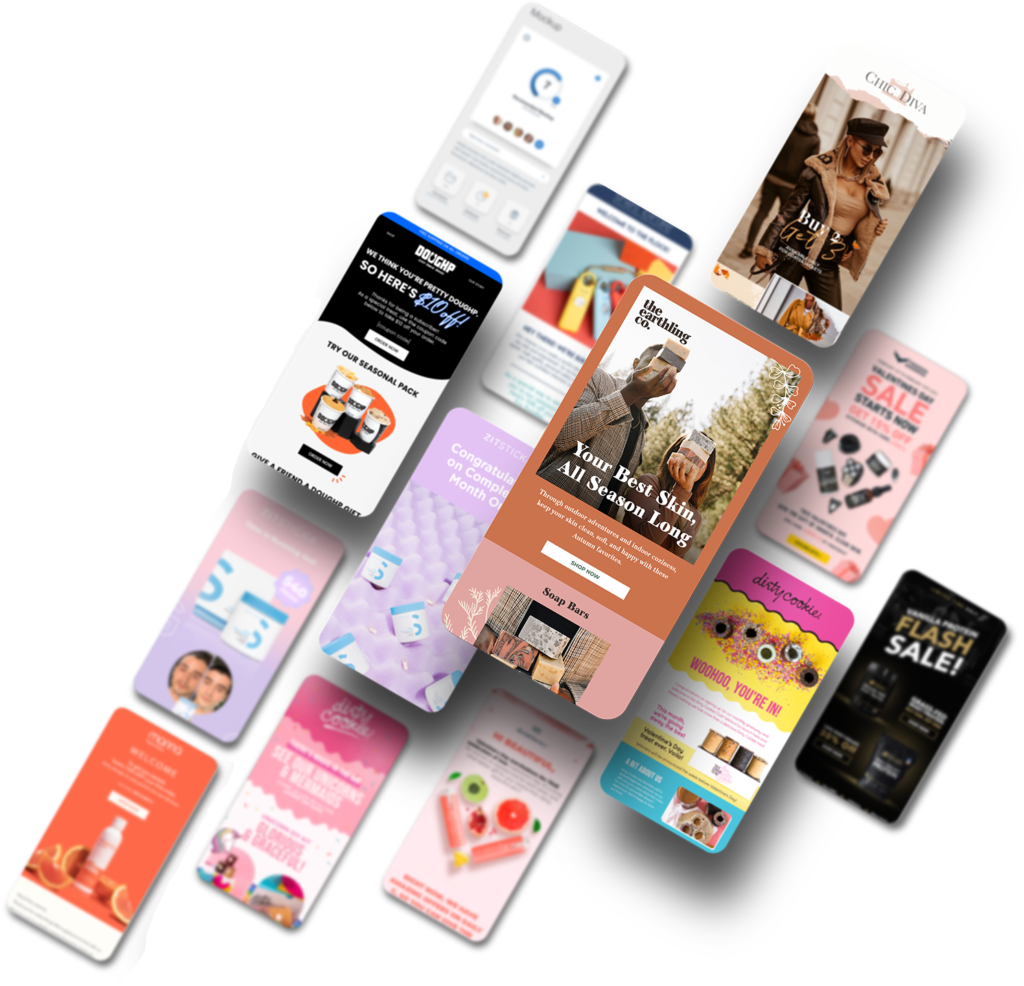 Collage of colorful mobile app and website mockups floating on a white background