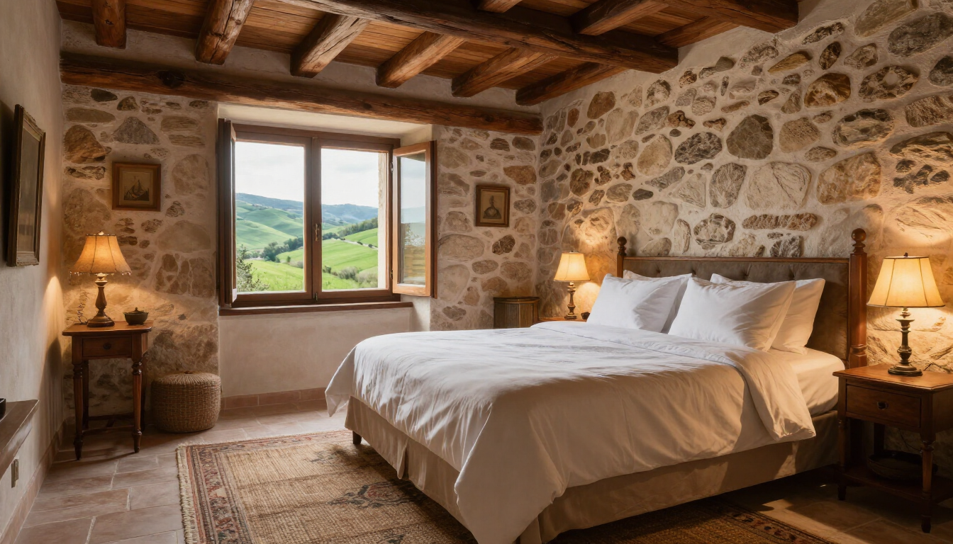 Camera da letto accogliente di un appartamento rurale umbro con vista sulle colline
