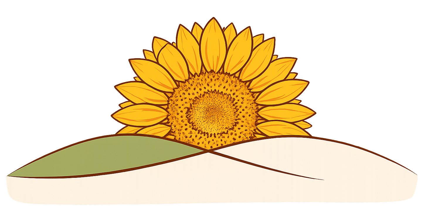 Un girasole giallo che sboccia sopra due colline arrotondate e sovrapposte: una verde chiaro e l'altra beige.