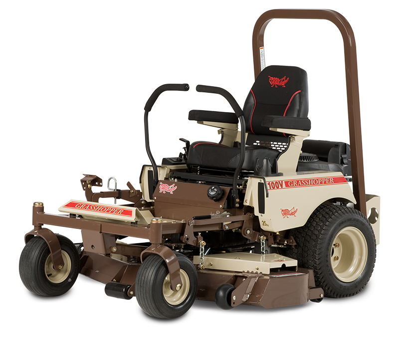 Brown and beige zero-turn lawn mower on a white background.