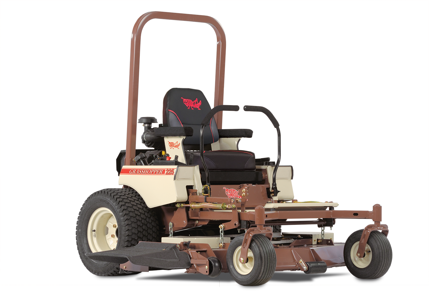 Brown and beige zero-turn lawn mower on a white background.