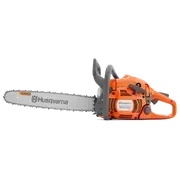 Orange Husqvarna chainsaw with a gray blade against a white background.