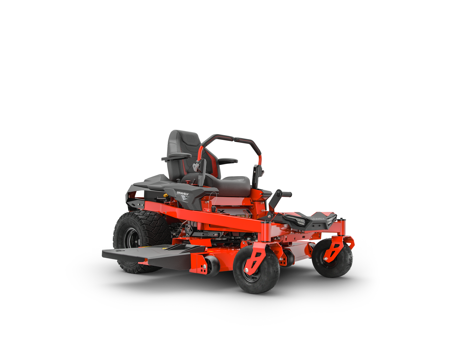 Red zero-turn lawn mower on a white background.
