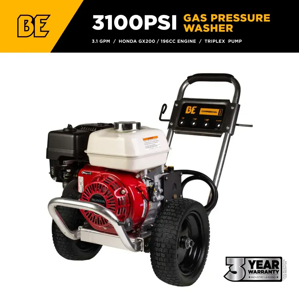 Gas-powered pressure washer with a Honda engine, black frame, and wheels; features a three-year warranty.