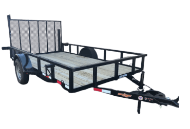 Black utility trailer with mesh gate and wooden bed, outdoors.