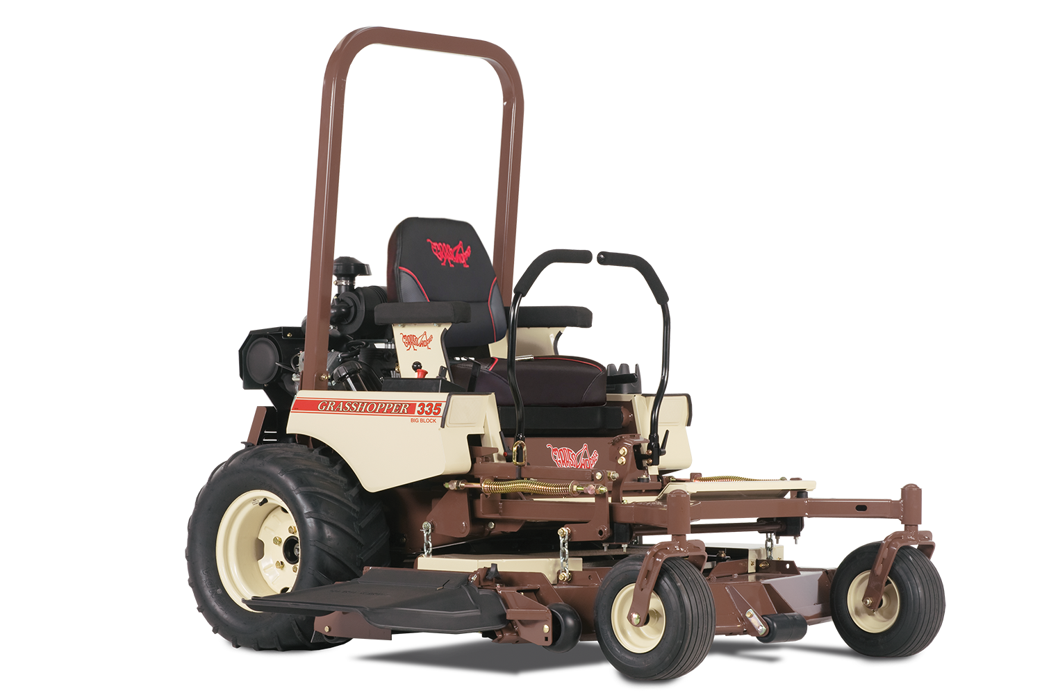Beige and brown zero-turn lawn mower with safety bar and a cutting deck, on a white background.