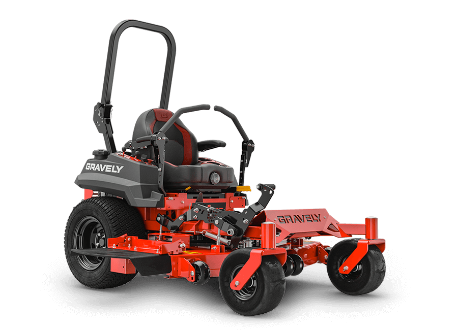 Red and black Gravely zero-turn lawn mower on a white background.