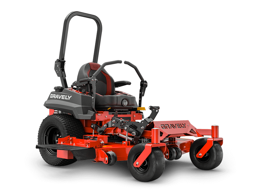 Red Gravely zero-turn lawn mower on a white background.