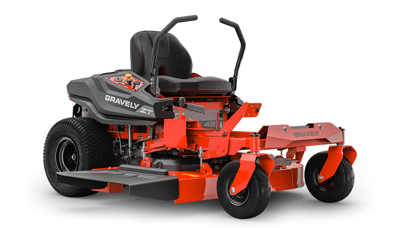 Red and black Gravely zero-turn lawn mower on a white background.