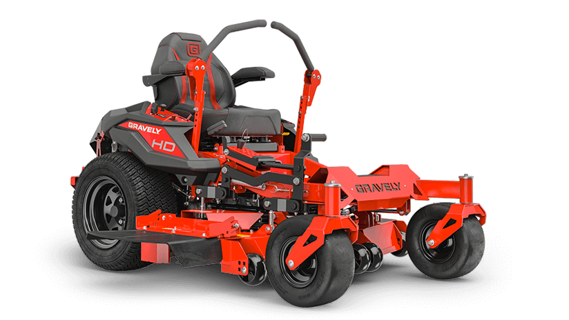Red and black zero-turn lawn mower, with high-back seat and cutting deck.