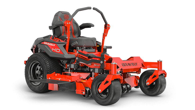 Red and black zero-turn lawn mower, with high-back seat and cutting deck.
