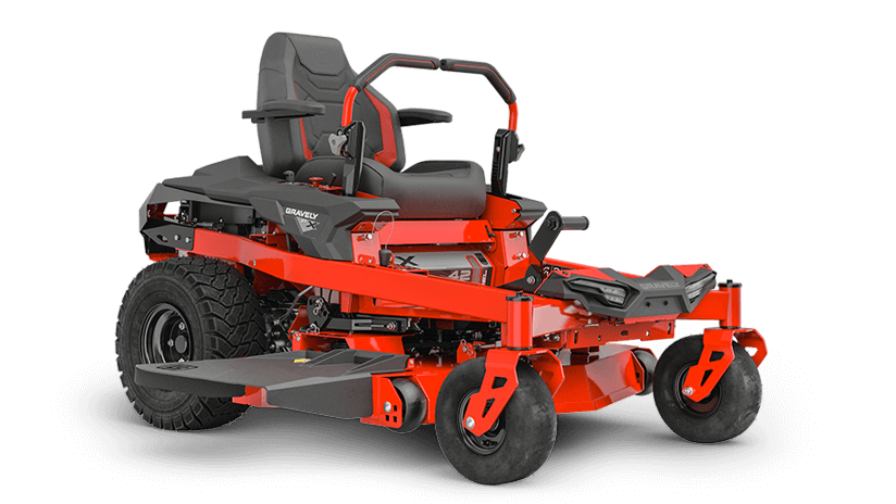 Red zero-turn lawnmower on white background with black wheels and seat.