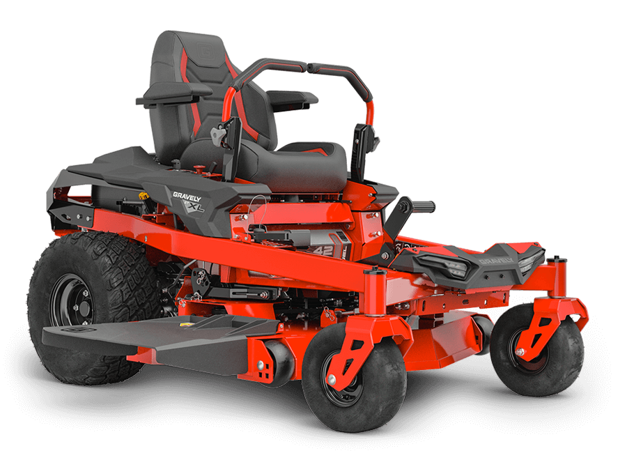 Red and black zero-turn lawn mower with large tires and operator seat.