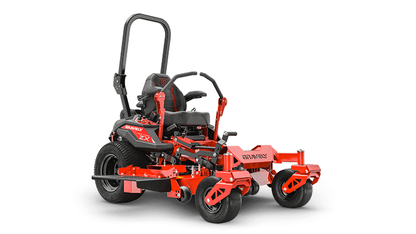 Red zero-turn lawn mower on a white background.