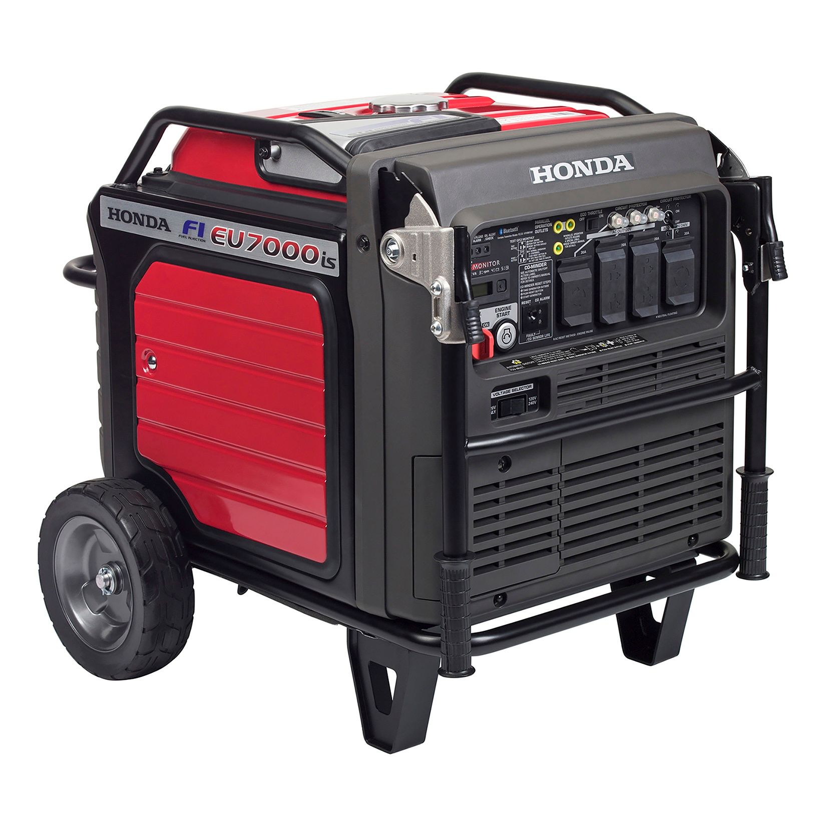 Honda EU7000is portable generator, red and black, with wheels, control panel visible.
