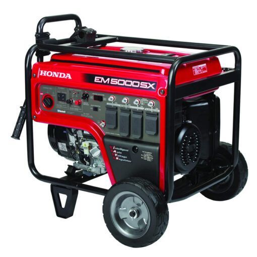 Red Honda EM5000SX portable generator with black frame and wheels.