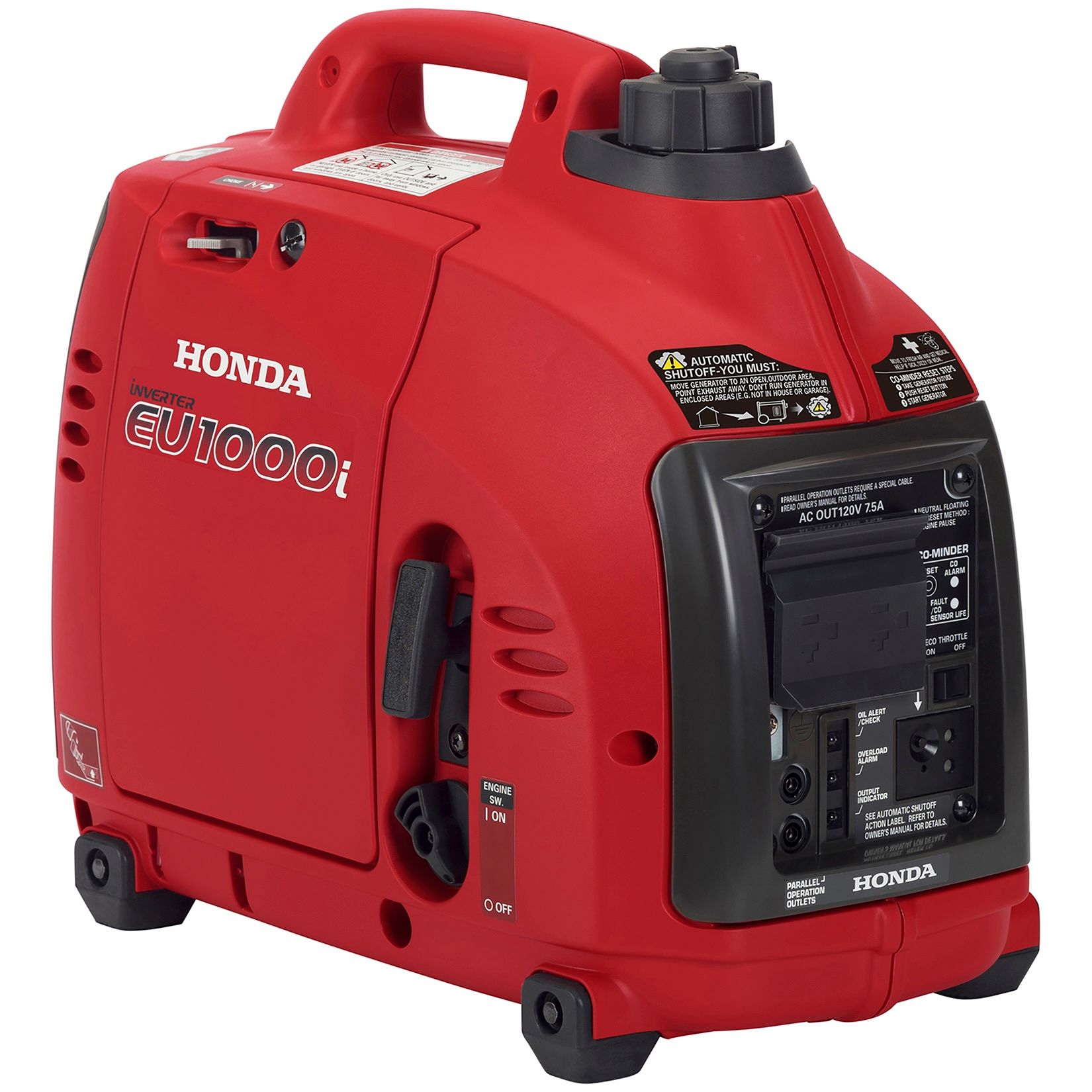 Red Honda EU1000i portable generator with black control panel and handle.