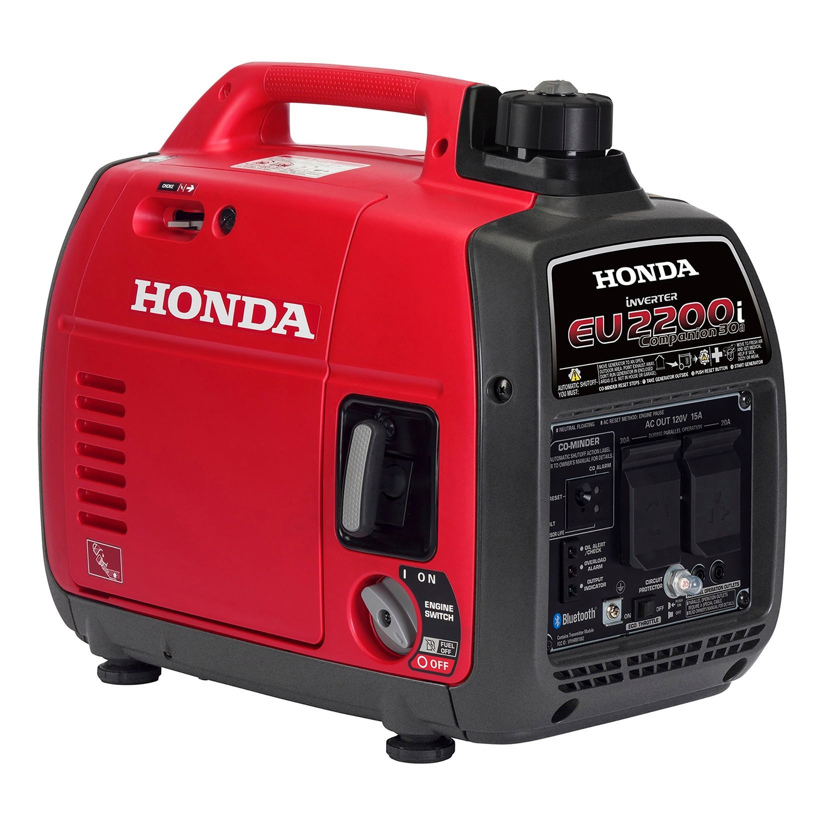 Red and black Honda EU2200i generator with a handle and control panel.