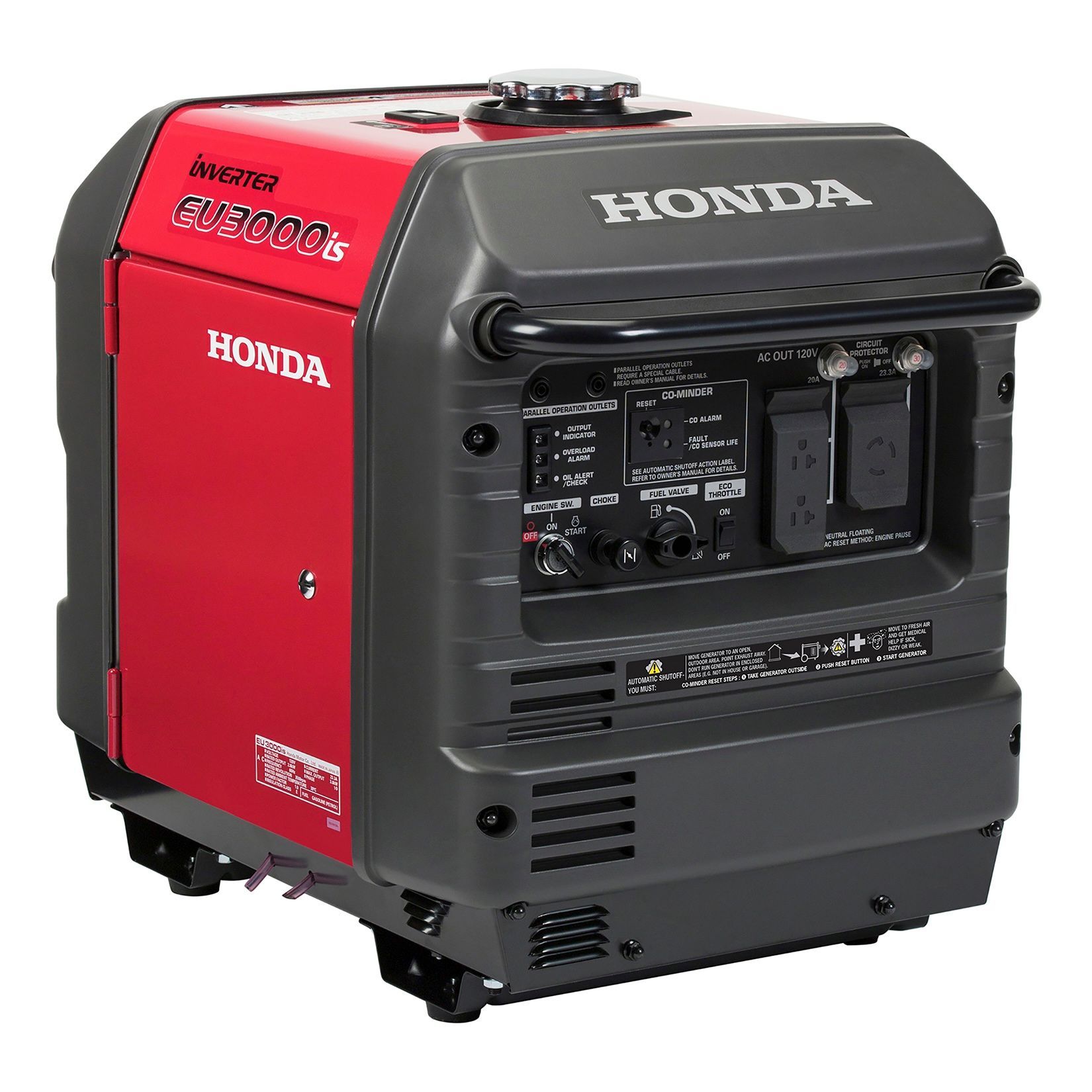 Red and black Honda EU3000is portable generator.