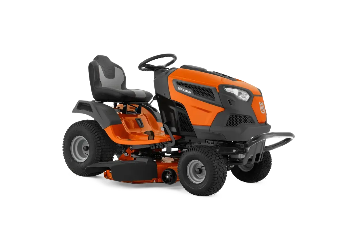Orange Husqvarna riding lawn mower on white background.