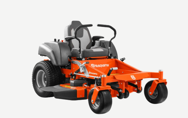 Orange and black Husqvarna zero-turn riding lawn mower on a white background.