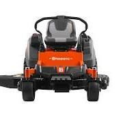 Orange and gray Husqvarna zero-turn riding lawn mower, front view.