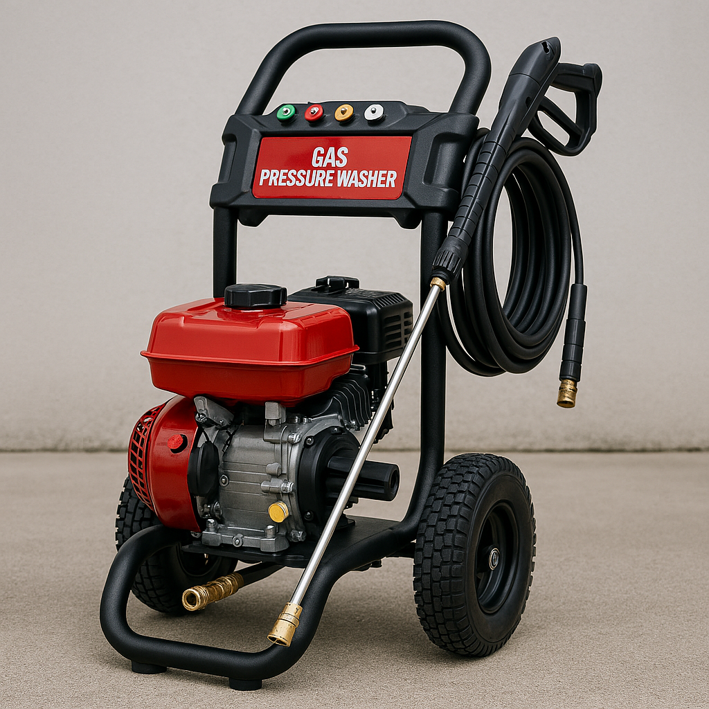 Gas-powered pressure washer, black frame, red engine, black hose, sitting on pavement.