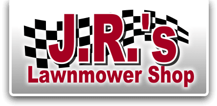 Logo for J.R.'s Lawnmower Shop. Red letters with white outlines, black & white checkered flags, on gray background.