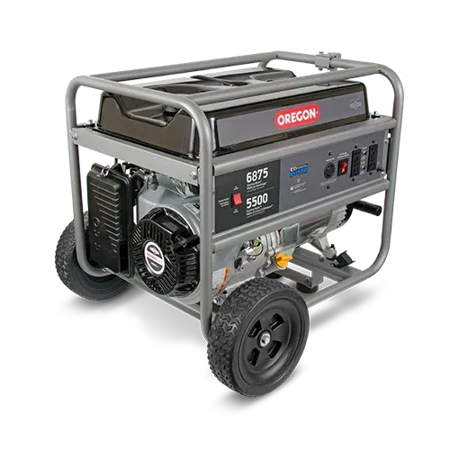 Gray Oregon portable generator with black wheels and frame.